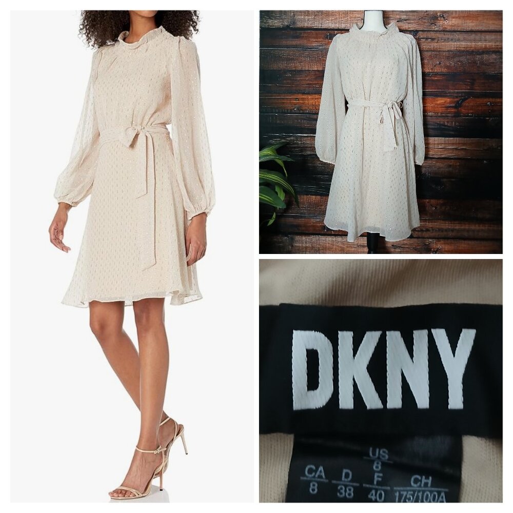 DKNY Dress 8 Belted Cream Sheer Chiffon Metallic Embroidered Balloon Sleeve